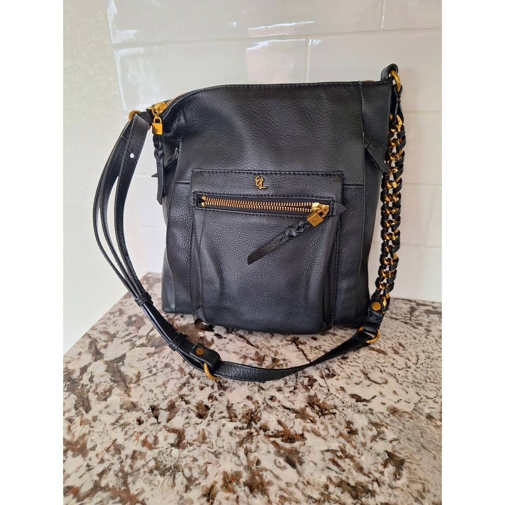 ELLIOT LUCCA Black Pebbled Leather Gwen Gold Chain Crossbody Shoulder Hand Bag